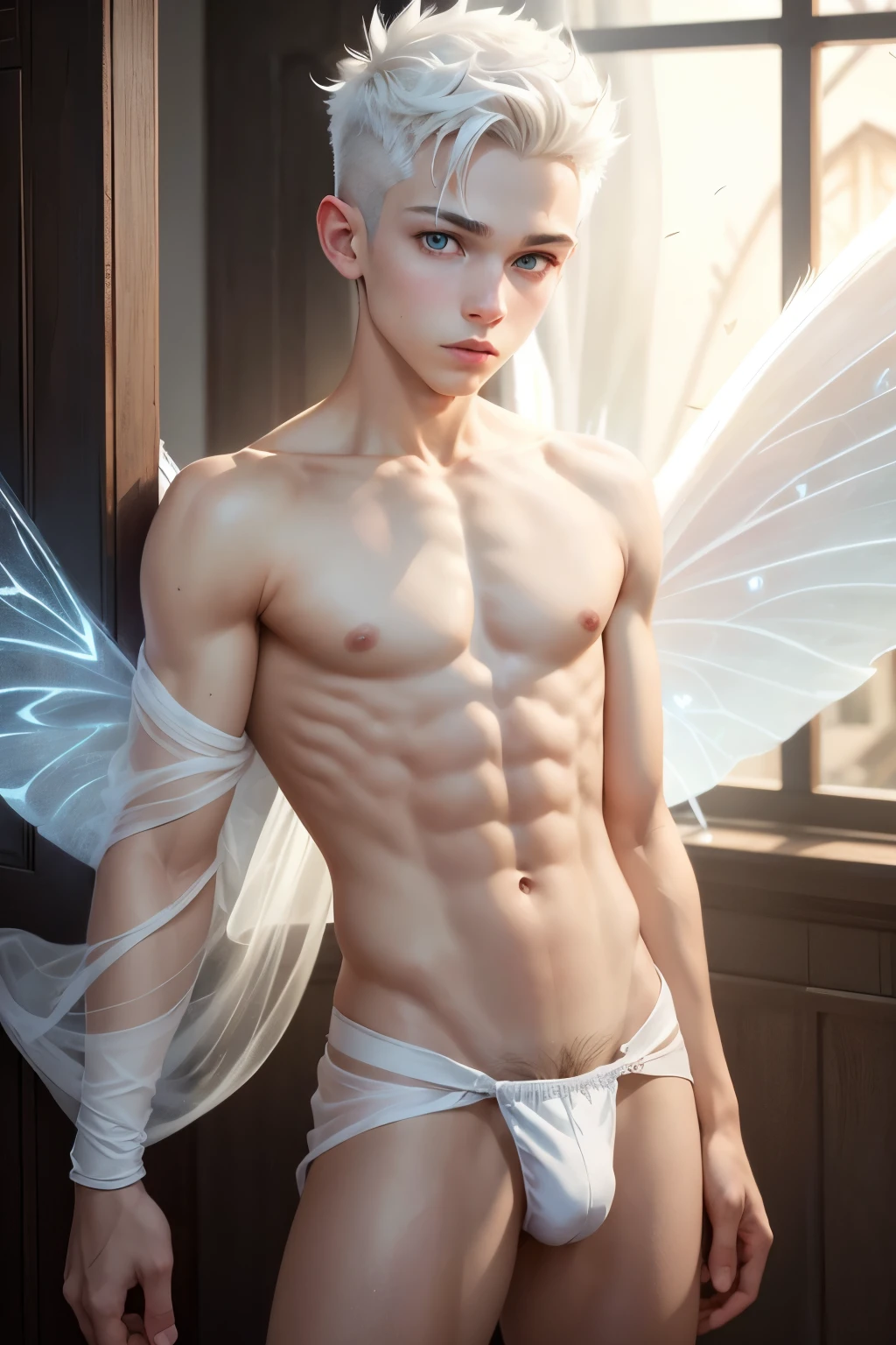 1boy, young male, , fairy, innocent face, cute face, youthful face, white eyes, fairy wings, white fairy wings, medium hair, white hair, undercut, hair half shaved, muscular, short, sexy, skimpy, jockstrap, loincloth, minds eye, psychic, psionic