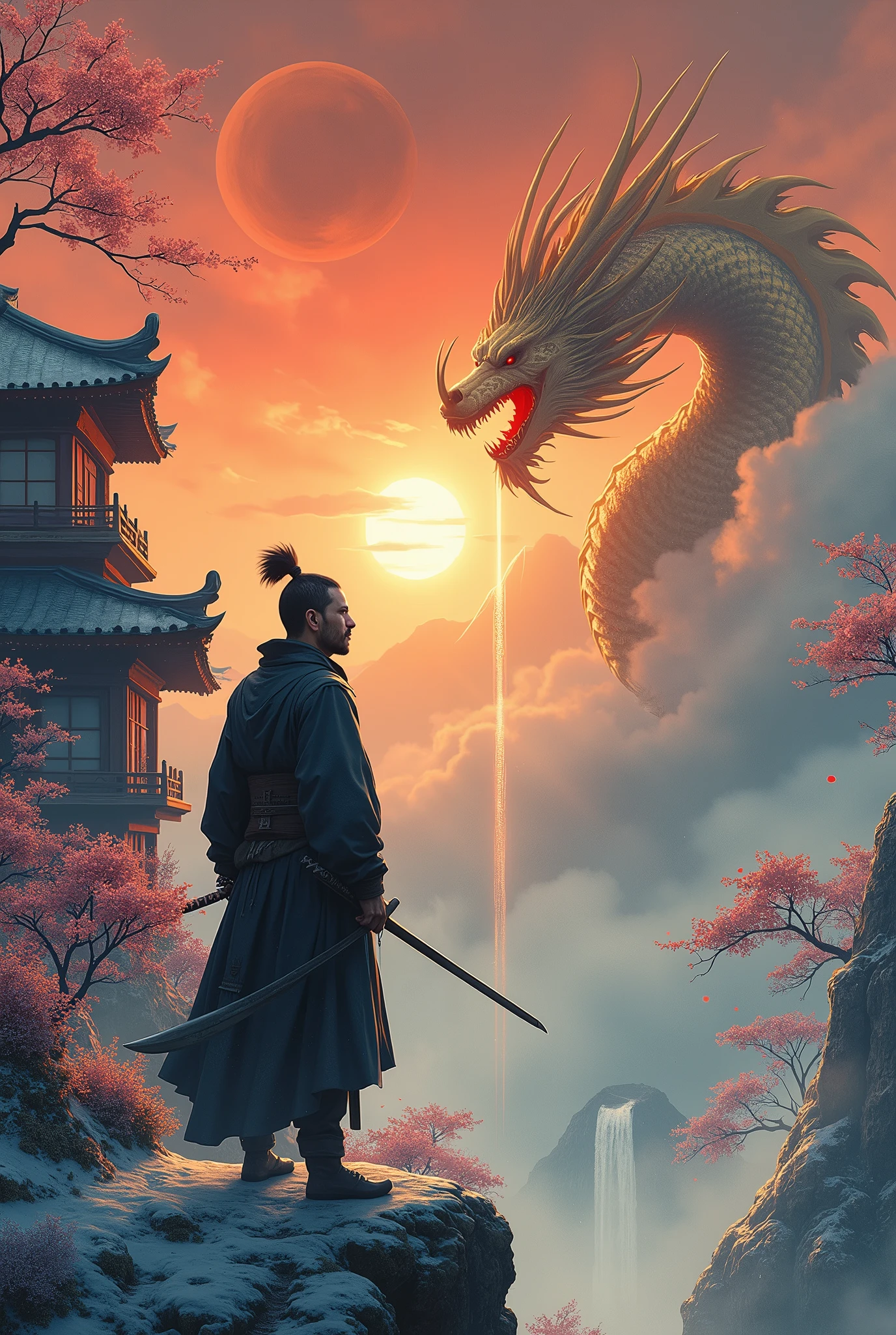 A lone ronin, with deep scars marking his face and an oni mask covering the lower half, watch the sunrise in an ancient Zen temple, located on the summit of a snowy mountain surrounded by a light mist. In a Dutch plan, an imposing ryū, with shimmering golden scales and piercing eyes like obsidian, hangs over him, letting out a mighty roar that echoes throughout the mountain, as a ray of heavenly light pierces a ying-yang symbol tattooed on his chest. a phoenix, with scarlet and golden yellow fire feathers, lands on your shoulder, watching the horizon with curiosity. The camera is positioned to emphasize the height of the temple and the imposing nature of the dragon.. The temple walls are covered in ancient symbols that glow with a soft light, including kanji that represent the word "eternity". The atmosphere is serene and spiritual, with pink cherry blossom petals dancing in the wind, a few drops of rain running down the samurai's katana and a small waterfall flowing at the foot of the mountain. Ao fundo, an active volcano exhales black smoke against an orange sky, and a partial eclipse reveals a luminous halo around the sun. Paint in Japanese ukiyo-e style, with delicate features and vibrant red colors, blue and gold, with hints of pastel pink for the cherry petals and shades of gray for the mist. Use dramatic lighting to emphasize the moment of action, with deep shadows and striking contrasts. O ronin, feeling the dragon energy, draws his katana with a quick movement, the blade shining with a mystical light. The ryū radiates ancient wisdom and the phoenix, hope reborn.