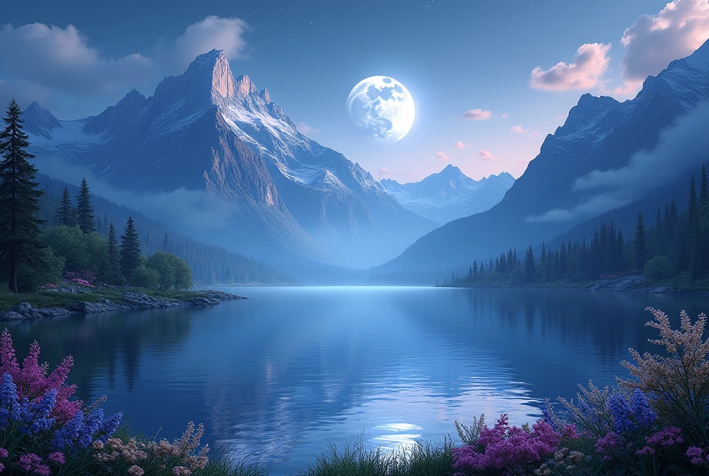 mountains and a lake with a moon in the sky, 4k highly detailed digital art, 4 k hd wallpaper very detailed, impressive fantasy landscape, sci-fi fantasy desktop wallpaper, unreal engine 4k wallpaper, 4k detailed digital art, sci-fi fantasy wallpaper, epic dreamlike fantasy landscape, 4k hd matte digital painting, 8k stunning artwork  