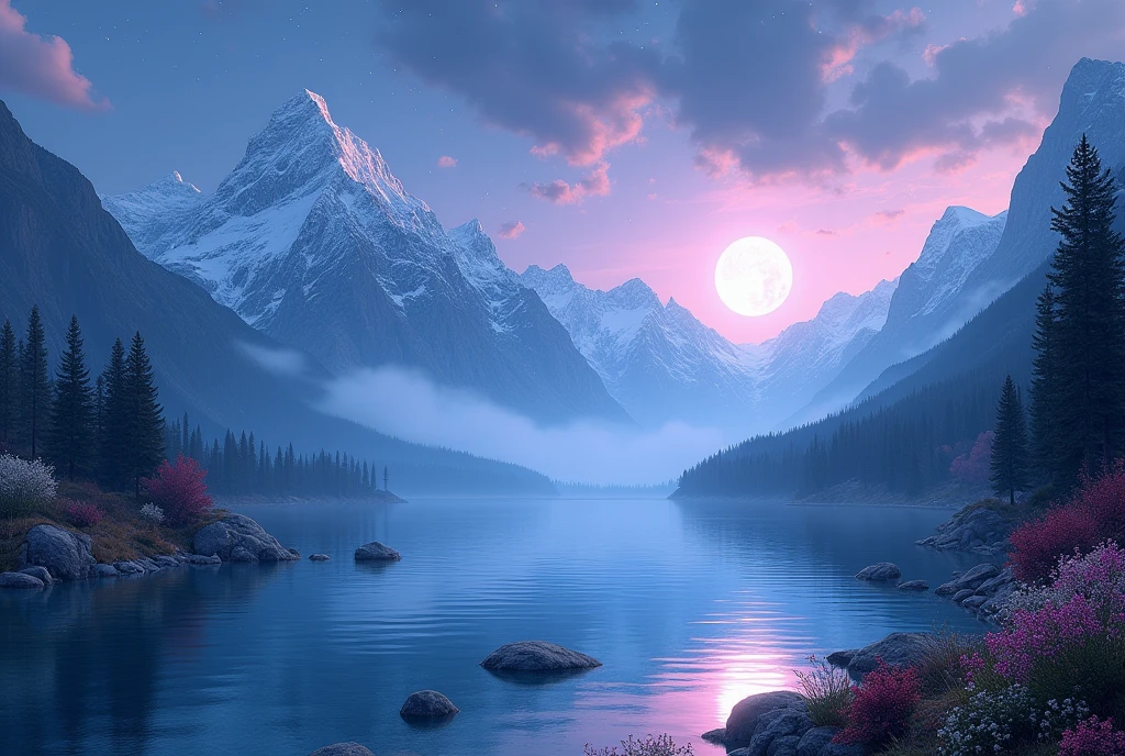 mountains and a lake with a moon in the sky, 4k highly detailed digital art, 4 k hd wallpaper very detailed, impressive fantasy landscape, sci-fi fantasy desktop wallpaper, unreal engine 4k wallpaper, 4k detailed digital art, sci-fi fantasy wallpaper, epic dreamlike fantasy landscape, 4k hd matte digital painting, 8k stunning artwork