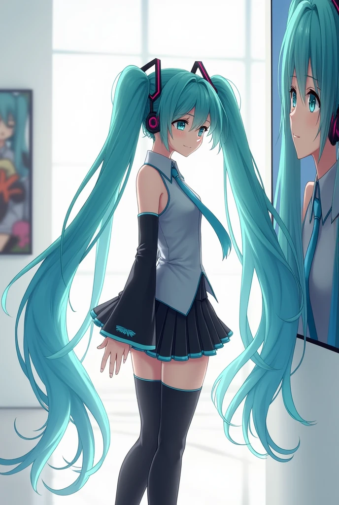 Anime art, anime style, detailed drawing, white background, high definition, high quality, one girl, solo, Miku Hatsune, aqua hair, twintails, headphones, 01 (red number tattoo on the left hand), grey shirt, collared shirt, sleveless shirt, black sleeves (aqua line), detached sleeves, five fingers, aqua nails, aqua necktie, black skirt (aqua line), pleated skirt, mini skirt, zettai ryouiki, thigh boots, black thigh-high (aqua line)
Miku Hatsune walking in art gallery; she looks at the wall; there's a painting of her on the wall