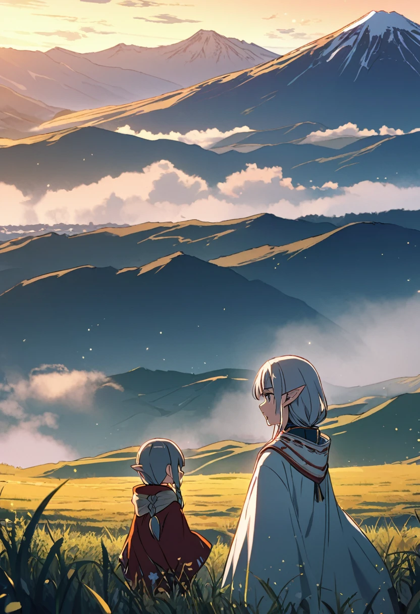 Across the vast grassland, a handful of clouds wander aimlessly, mountains and valleys fly away, nothing is visible, but Marco, you have come to the Andes, this road, let's go, the sun is rising now Grasp the light of hope in both hands ponchoに夜明けの風はらませて Under the sky where mom is Aim for the distant north 1girl(Gray Hair,Native Elf,poncho) (Kyoto Animation Style)