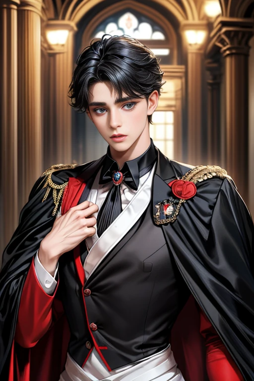 masterpiece, 最high quality, high quality, 1 boy, alone, Male focus, Upper Body,Watching the audience, Messy black hair, Adorable big blue eyes, White, Noble, Noble,A black and red cape that is bursting with sexy volume、Tuxedo、A very voluminous, large, very large, very large, long, long red and black cape with a high stand-up collar, made of a lot of fabric that reaches down to the floor., ,cute beautiful,Cute, cute, kind, handsome guy