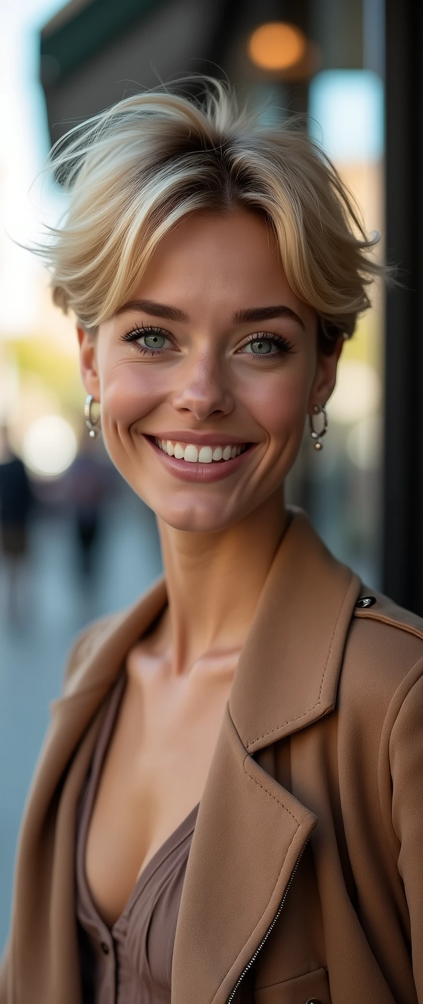 21 year old Scandinavian glamour model, detailed eyes, eyelashes, forehead, short hair, blonde hair, looking at viewer, smile