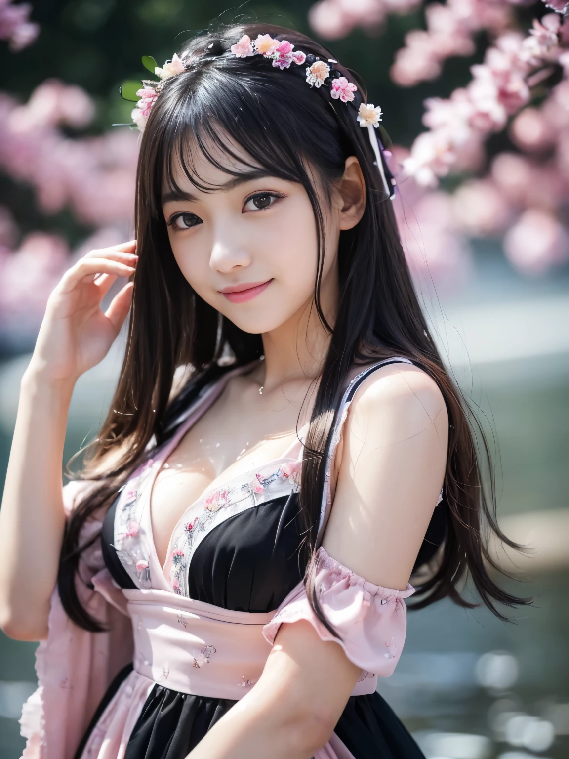 (Best-quality, Masterpiece, Ultra-High-Resolution, (Photorealistic:1.4), Raw Photo, depth of field, professional lighting), (at majestic river, flow of river, splash of water, Beautiful water quality), (1girl, 15-years-old, famous Japanese-idol, innocent smile), (wearing light-pink summer-dress), (((extremely big black-eyes))), ((((extremely beautiful and extremely realistic skins)))), ((extremely beautiful long-eyelashes)), ((extremely cute face like a Japanese-idol)), ((black long-hair))
