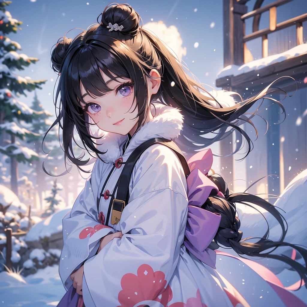 A chibi child girl had a small face and Wearing a little violet Taoist priest's outfit. A pair of big round eyes shone with curiosity about him. This child was so cute! Amidst the pure white snow, the snow is falling lightly, watching the snow fall one by one, her hair is black with two buns on her hair.small chibi, chibi baby, smiling ,Chibi. Sunset.
The snow is falling, black hair with two buns.
