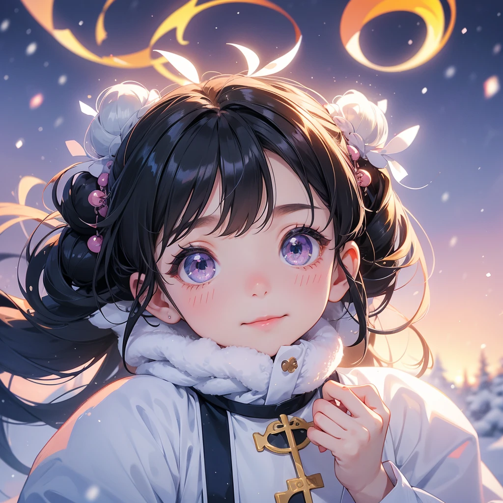 A chibi child girl had a small face and Wearing a little violet Taoist priest's outfit. A pair of big round eyes shone with curiosity about him. This child was so cute! Amidst the pure white snow, the snow is falling lightly, watching the snow fall one by one, her hair is black with two buns on her hair.small chibi, chibi baby, smiling ,Chibi. Sunset.
The snow is falling, black hair with two buns.