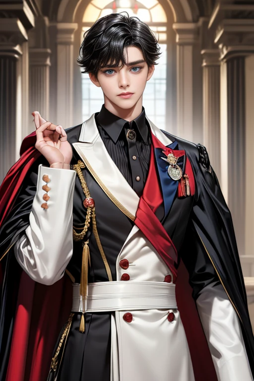 masterpiece, 最high quality, high quality, 1 boy, alone, Male focus, Upper Body,Watching the audience, Messy black hair, Adorable big blue eyes, White, Noble, Noble,A black and red cape that is bursting with sexy volume、Tuxedo、A very voluminous, large, very large, very large, long, long red and black cape with a high stand-up collar, made of a lot of fabric that reaches down to the floor., ,cute beautiful,Cute, cute, kind, handsome guy