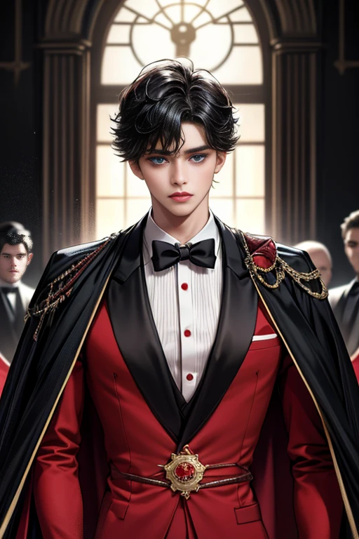 masterpiece, 最high quality, high quality, 1 boy, alone, Male focus, Upper Body,Watching the audience, Messy black hair, Adorable big blue eyes, White, Noble, Noble,A black and red cape that is bursting with sexy volume、Tuxedo、A very voluminous, large, very large, very large, long, long red and black cape with a high stand-up collar, made of a lot of fabric that reaches down to the floor., ,cute beautiful,Cute, cute, kind, handsome guy
