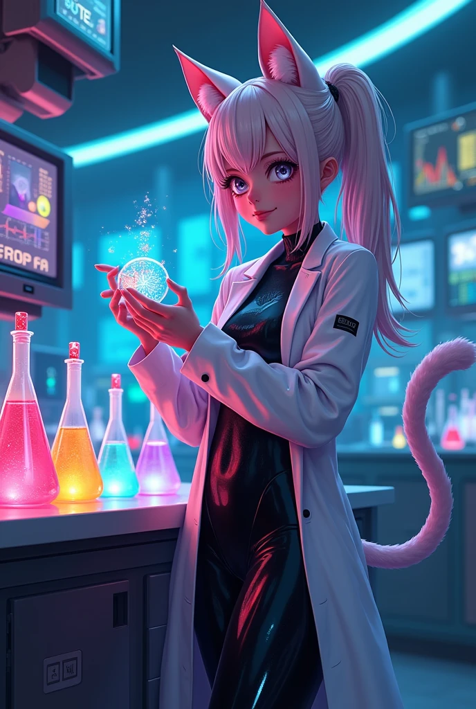 Scientist catgirl in latex leggings 