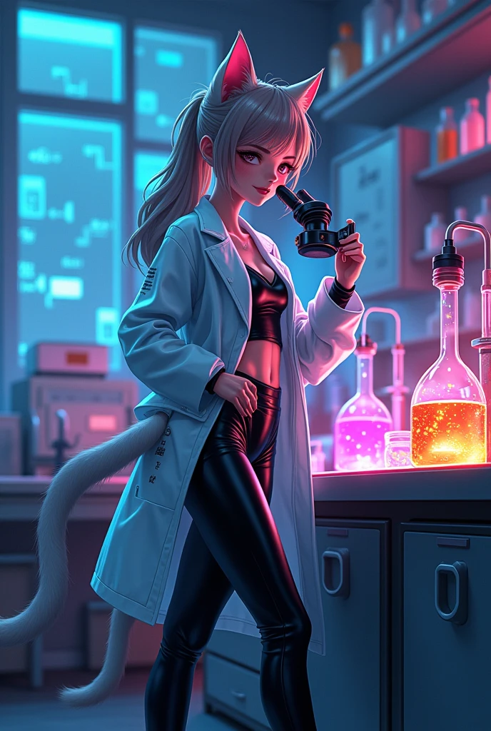 Scientist catgirl in latex leggings