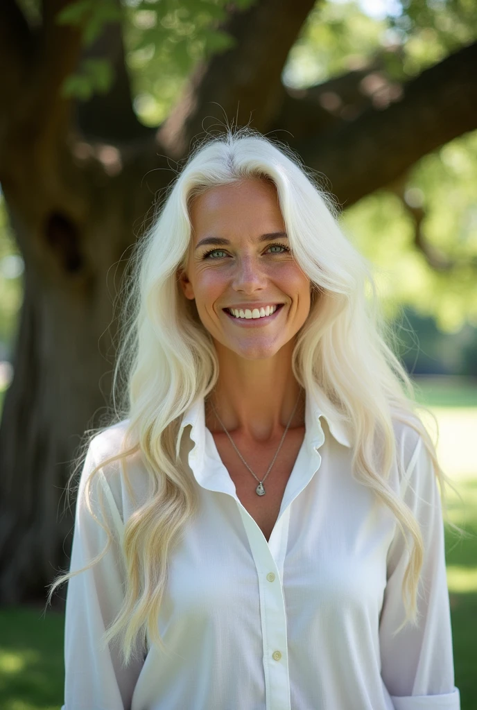 A woman with long white hair, wearing a white shirt, smiling, under a tree, blue eyes, 165 cm tall,