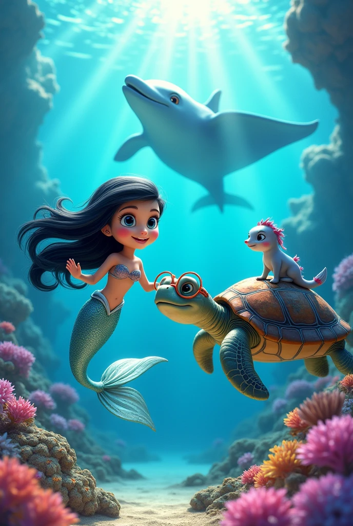 cartoon animation of a very cheerful little mermaid with black hair and a silver tail, cheerful next to a sea turtle with glasses and a book, also a small seahorse, a happy dolphin on its back and behind a large manta ray, They are all at the bottom of the sea