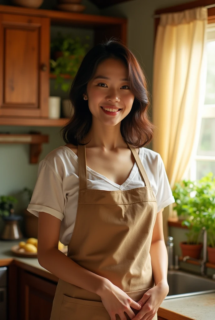 40 years old、Japanese women、Semi-long hair、（Ample breasts）、Large Bust、Dark Brown Hair、kitchen、Naked Apron、