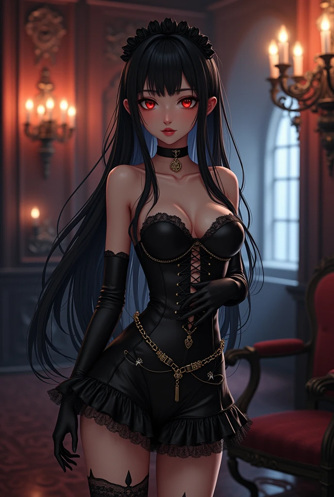 A captivating, high-quality 3D rendered portrait of a seductive gothic-themed anime maid. Her long, black hair flows gracefully, framing her enigmatic face. She dons a short maid uniform adorned with chains and lace, revealing her curvaceous figure. The uniform features striking black and red accents, accentuating her alluring presence. The setting is a dimly lit, eerie mansion with gothic architecture and candlelit chandeliers, casting a soft glow on the scene. The atmosphere is enigmatic and mesmerizing, as if taken straight from an anime or gothic fantasy film. This enchanting portrait evokes a lasting impression, leaving viewers spellbound by its charm.