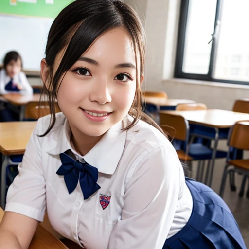 beautiful young girl with a youthful, cute face, detailed facial features, wide eyes, small nose, full lips, smooth skin, tight waist, large breasts with small nipples, wearing a school uniform in a classroom setting, smiling, background is blurred, best quality, 8K, highly detailed, photorealistic, masterpiece