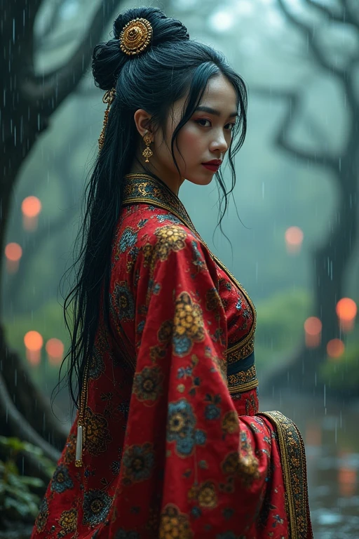 Asian woman in a luxurious, ornate traditional outfit, with detailed facial features of a random race, portrayed as a beautiful necromancer. The scene is set in a raining landscape, with intricate plaid patterns subtly woven into the outfit and the environment, enhancing the mystical and elegant atmosphere