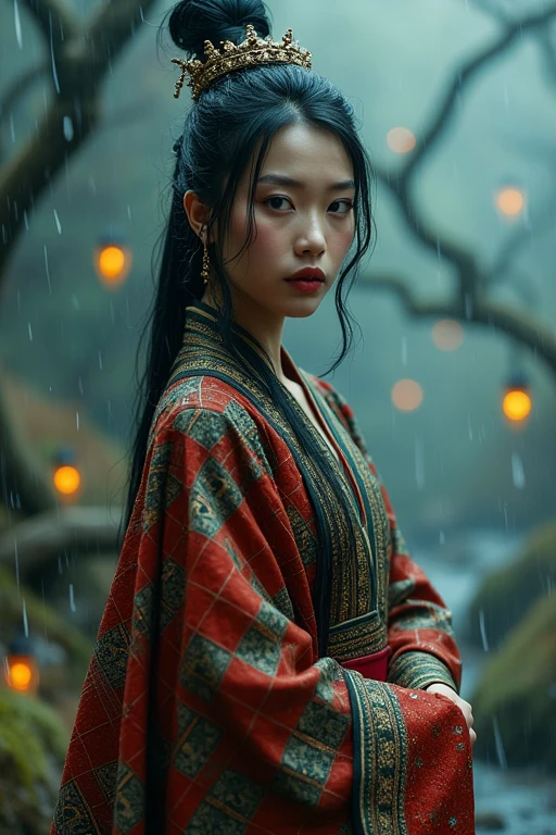 Asian woman in a luxurious, ornate traditional outfit, with detailed facial features of a random race, portrayed as a beautiful necromancer. The scene is set in a raining landscape, with intricate plaid patterns subtly woven into the outfit and the environment, enhancing the mystical and elegant atmosphere