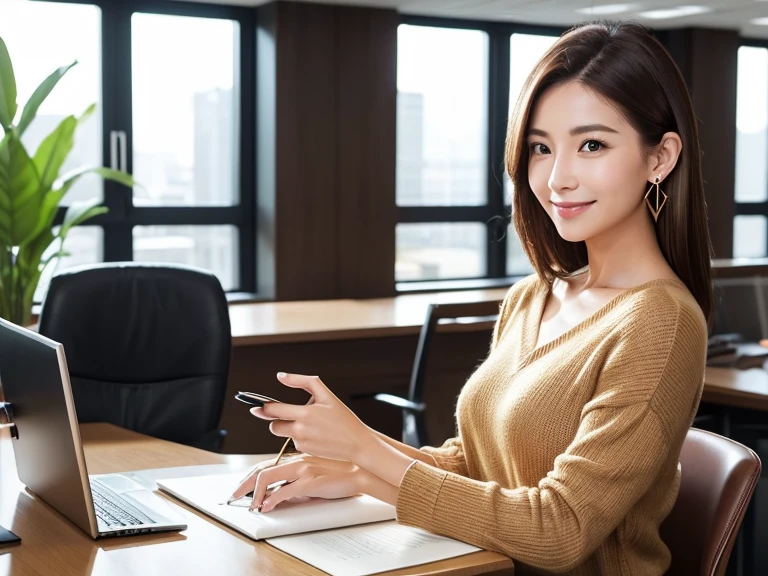 Generate realistic images of professional businesswomen in a modern office environment。She has smooth, shoulder-length dark brown hair with subtle highlights.。She is wearing a brown long-sleeved sweater。She accessorizes with gold earrings and a matching watch.。Holding a brown clipboard on his chest、A warm and confident smile。The bust is small。In the background、Natural light coming in through large windows、Modern Office Furniture、And you'll see a clean and organized workspace.。