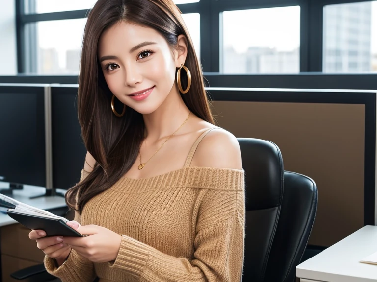Generate realistic images of professional businesswomen in a modern office environment。She has smooth, shoulder-length dark brown hair with subtle highlights.。She is wearing a brown long-sleeved sweater。She accessorizes with gold earrings and a matching watch.。Holding a brown clipboard on his chest、A warm and confident smile。The bust is small。In the background、Natural light coming in through large windows、Modern Office Furniture、And you'll see a clean and organized workspace.。