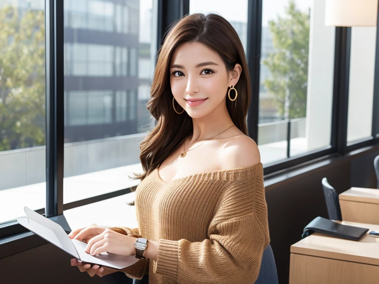 Generate realistic images of professional businesswomen in a modern office environment。She has smooth, shoulder-length dark brown hair with subtle highlights.。She is wearing a brown long-sleeved sweater。She accessorizes with gold earrings and a matching watch.。Holding a brown clipboard on his chest、A warm and confident smile。The bust is small。In the background、Natural light coming in through large windows、Modern Office Furniture、And you'll see a clean and organized workspace.。