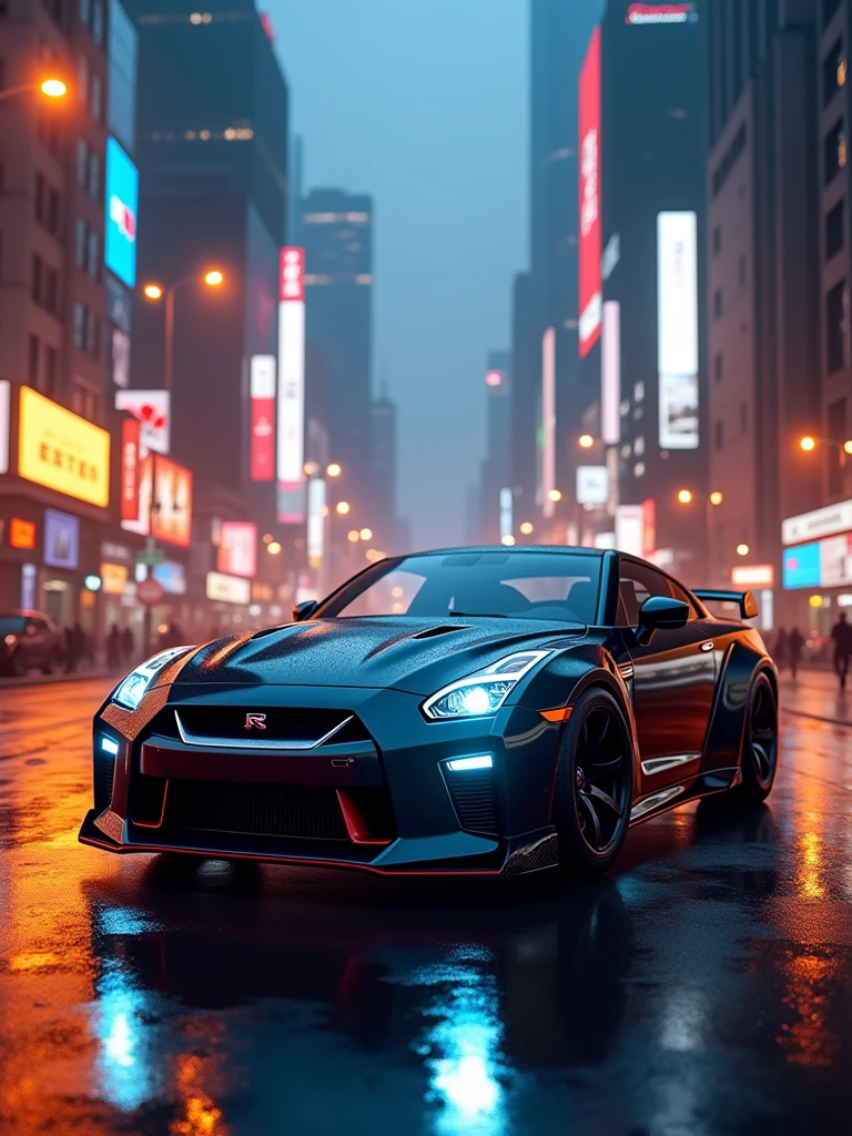 A stunning 3D render of a sleek, modern Nissan GT-R NISMO sports car, predominantly black with striking blue headlights, parked on a wet, reflective surface. The car's powerful presence is accentuated by the dramatic, atmospheric backdrop of a cityscape bathed in a mix of orange and blue hues, indicative of either dawn or dusk. The scene is further enhanced by the glow of streetlights, the illuminated billboards, and a few distant, towering buildings. The overall ambiance of the image is moody and evocative, capturing a sense of speed, luxury, and the city's vibrant energy., 3d render