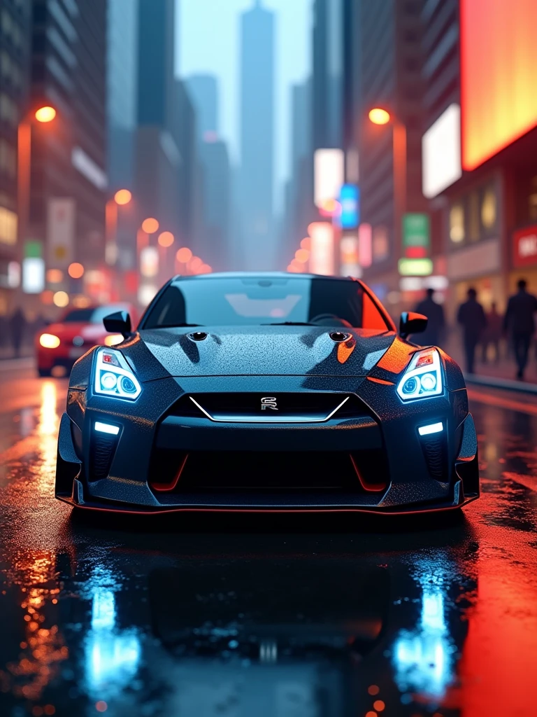 A stunning 3D render of a sleek, modern Nissan GT-R NISMO sports car, predominantly black with striking blue headlights, parked on a wet, reflective surface. The car's powerful presence is accentuated by the dramatic, atmospheric backdrop of a cityscape bathed in a mix of orange and blue hues, indicative of either dawn or dusk. The scene is further enhanced by the glow of streetlights, the illuminated billboards, and a few distant, towering buildings. The overall ambiance of the image is moody and evocative, capturing a sense of speed, luxury, and the city's vibrant energy., 3d render