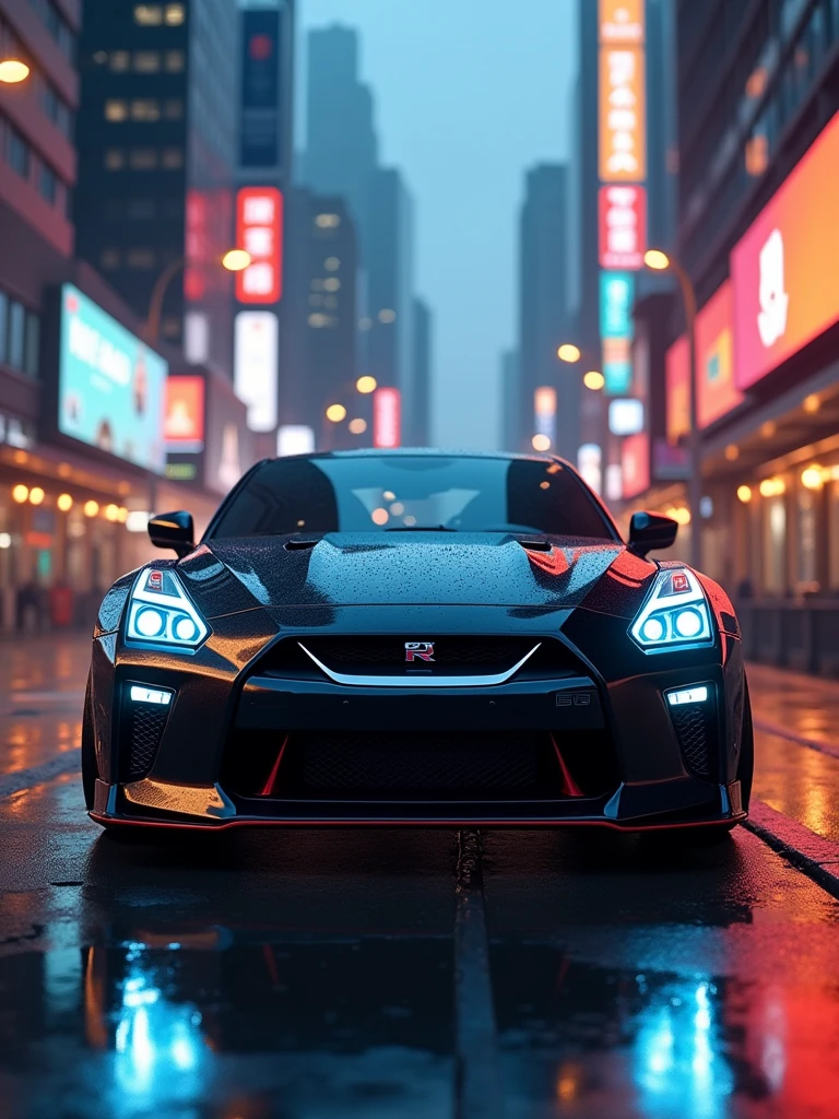 A stunning 3D render of a sleek, modern Nissan GT-R NISMO sports car, predominantly black with striking blue headlights, parked on a wet, reflective surface. The car's powerful presence is accentuated by the dramatic, atmospheric backdrop of a cityscape bathed in a mix of orange and blue hues, indicative of either dawn or dusk. The scene is further enhanced by the glow of streetlights, the illuminated billboards, and a few distant, towering buildings. The overall ambiance of the image is moody and evocative, capturing a sense of speed, luxury, and the city's vibrant energy., 3d render