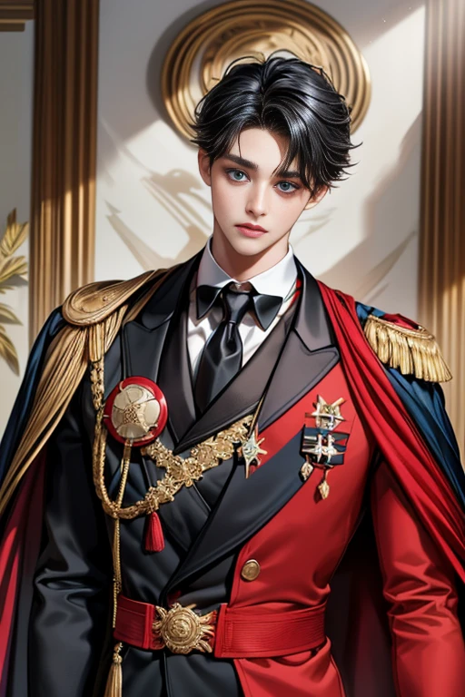 masterpiece, 最high quality, high quality, 1 boy, alone, Male focus, Upper Body,Watching the audience, Messy black hair, Adorable big blue eyes, White, Noble, Noble,A black and red cape that is bursting with sexy volume、Tuxedo、A very voluminous, large, very large, very large, long, long red and black cape with a high stand-up collar, made of a lot of fabric that reaches down to the floor., ,cute beautiful,Cute, cute, kind, handsome guy