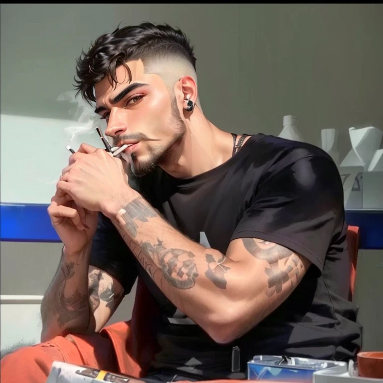 A man sits at the table with a cigarette in his mouth, inspired by Ion Andreescu, I agree with you, Matthew 9:5, Zayn Malik, Aykut Aydogdu, profile picture, profile picture, Artemiksel, Kimmm and this smell, a twitch streamer / gamer Ludwig, taking a smoke break, Aykut Aydogdu zener