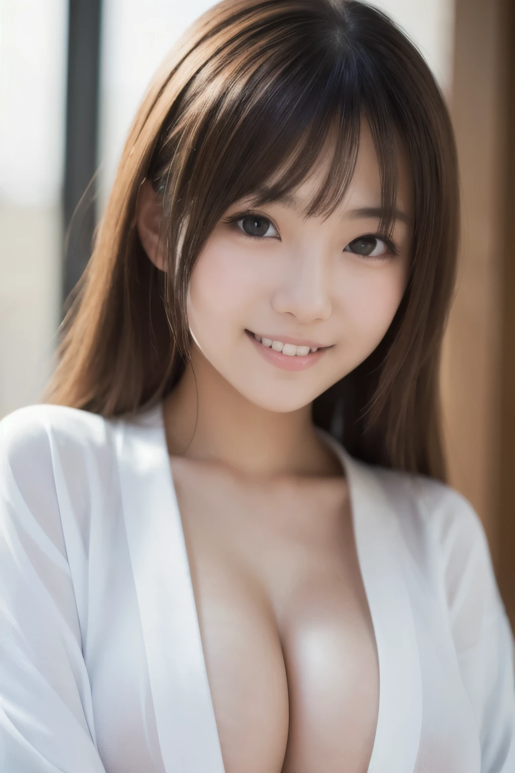 best quality, face focus, soft light, ultra high res, (photorealistic:1.4), RAW photo,(Shinozaki Ai), white skin, kawaii, 1 Japanese girl, solo, cute, (smile), (pupil, lights in the eyes),  detailed beautiful face, Medium-sized breasts,(high resolution detail of human skin texture),(long hair),(portrait), upper body, white traditional kimono