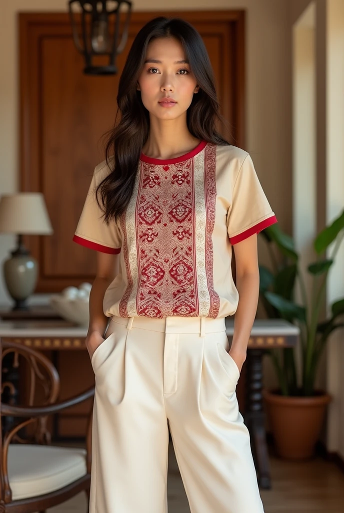 female model. modern style. wearing a light beige short-sleeved round-neck t-shirt with Vietnamese ethnic Hmong brocade patterns, red, white, beige body. 2cm red collar. plain beige sleeves with 2cm red sleeve border. plain cream A-line pants, side pockets. setting in a luxurious wooden interior room. cream walls. table, chair, lamp