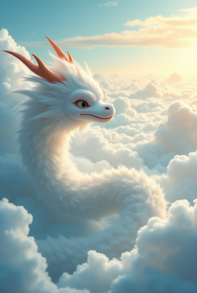 masterpiece, Highest quality,Japan Dragon God、white dragon、Rin々A funny expression、With fluffy fur。An image of ascending to the heavens。The background is a sea of clouds。No wings