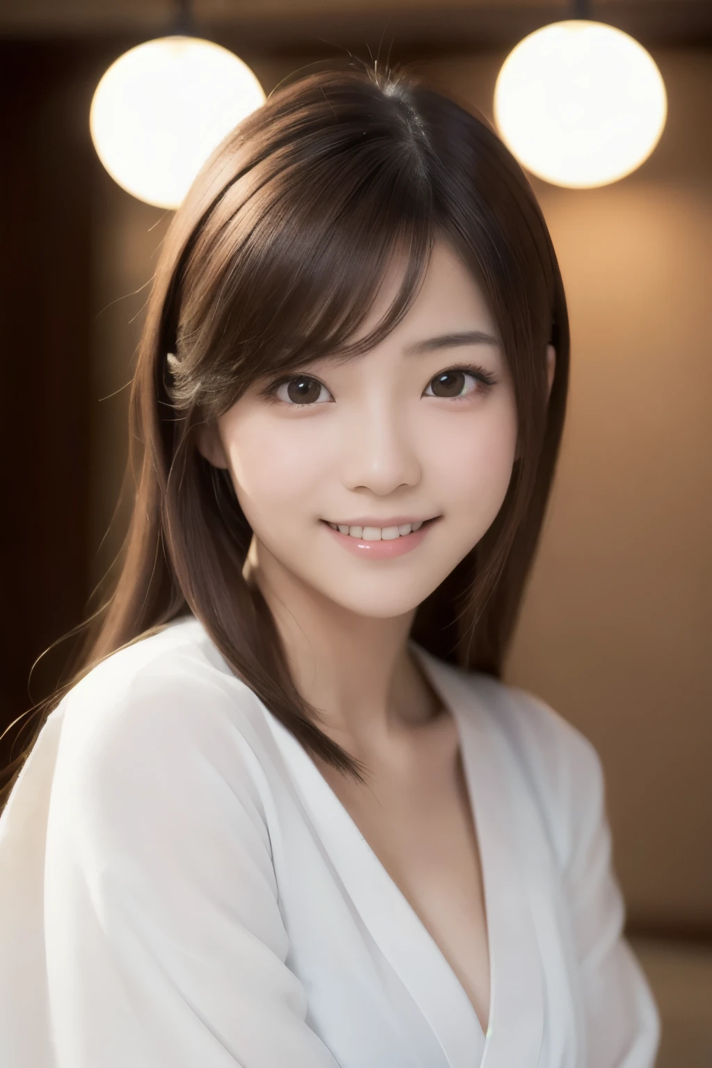 best quality, face focus, soft light, ultra high res, (photorealistic:1.4), RAW photo,(Shinozaki Ai), white skin, kawaii, 1 Japanese girl, solo, cute, (smile), (pupil, lights in the eyes),  detailed beautiful face, Medium-sized breasts,(high resolution detail of human skin texture),(long hair),(portrait), upper body, white traditional kimono