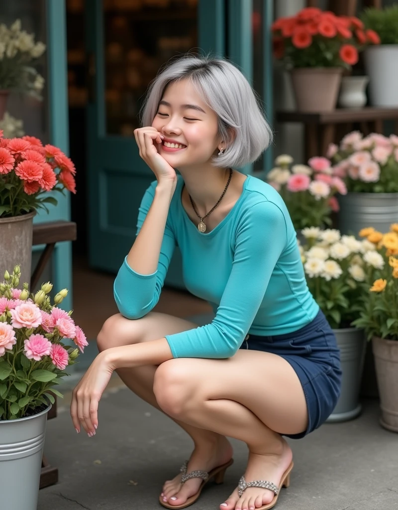 (RAW photo, best quality, masterpiece: 1.2), (photorealistic: 1.4), best lighting, 20 years old, (light gray hair, short bob cut, hair in 7 thirds, hair over one ear, Symmetrical eyes, fair skin, solo, Detailed Skin, Detailed Background:1.2), Smiling, hair up, eyes closed, squatting in front of a flower shop filled with flowers, outdoors, one hand on chin, turquoise blue tight shirt, navy blue shorts, sandals, gel nails, jewelry