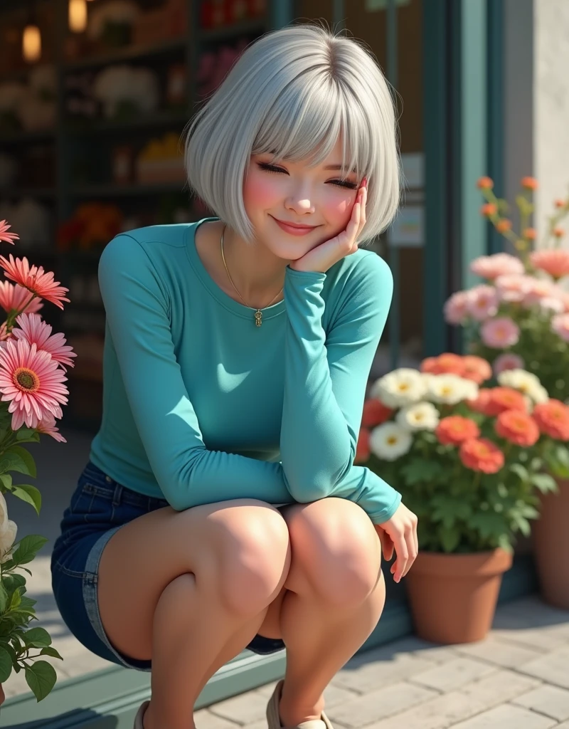 (RAW photo, best quality, masterpiece: 1.2), (photorealistic: 1.4), best lighting, 20 years old, (light gray hair, short bob cut, hair in 7 thirds, hair over one ear, Symmetrical eyes, fair skin, solo, Detailed Skin, Detailed Background:1.2),　Smiling, hair up, eyes closed, squatting in front of a flower shop filled with flowers, outdoors, one hand on chin, turquoise blue tight shirt, navy blue shorts, sandals, gel nails, jewelry
