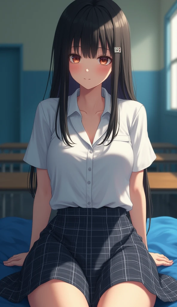 artwork, highest quality, 8K, Beautiful woman, Clothes are short, photo shoot, cute face, thighs, Bright classroom, (((embarrassing)))、embarrassing、No makeup, detailed face, Background blur、tight waist、((((School uniforms、white shirt、checked mini skirt、lift up your skirt、no panties, pussy with little hairを見せる、あなたのオpussyを見せて)))), straight hair、light brown hair、(((Please lift up your skirt )))、Bright classroom、thighs、((Apparently'it's him'I'm going to cry))、(((lift up her skirt you same)))、pussy、pussy, sexy woman, undressing, clip, black hair, light freckles, seductive face, taking off her clothes seductively, nipple, topless, big saggy breasts, (puffy nipples:1.1), thick thighs, on her knees, kneeling, exposed breasts, bangs, looking at viewer, dark theme, low light, in a dojo, blue background, blue cushions, velvet sheets, satin