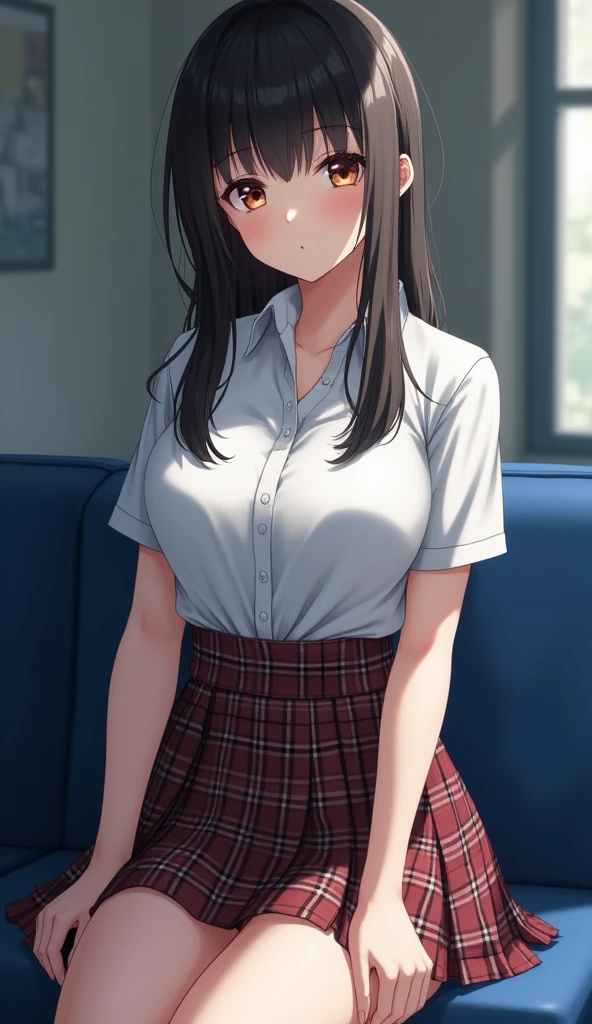 artwork, highest quality, 8K, Beautiful woman, Clothes are short, photo shoot, cute face, thighs, Bright classroom, (((embarrassing)))、embarrassing、No makeup, detailed face, Background blur、tight waist、((((School uniforms、white shirt、checked mini skirt、lift up your skirt、no panties, pussy with little hairを見せる、あなたのオpussyを見せて)))), straight hair、light brown hair、(((Please lift up your skirt )))、Bright classroom、thighs、((Apparently'it's him'I'm going to cry))、(((lift up her skirt you same)))、pussy、pussy, sexy woman, undressing, clip, black hair, light freckles, seductive face, taking off her clothes seductively, nipple, topless, big saggy breasts, (puffy nipples:1.1), thick thighs, on her knees, kneeling, exposed breasts, bangs, looking at viewer, dark theme, low light, in a dojo, blue background, blue cushions, velvet sheets, satin