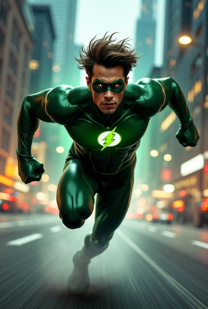 Male speedster hero. Primarily green suit. Secondary color black. Silver accents. Mask letting his hair out. Lightning bolt symbol on chest. Realism