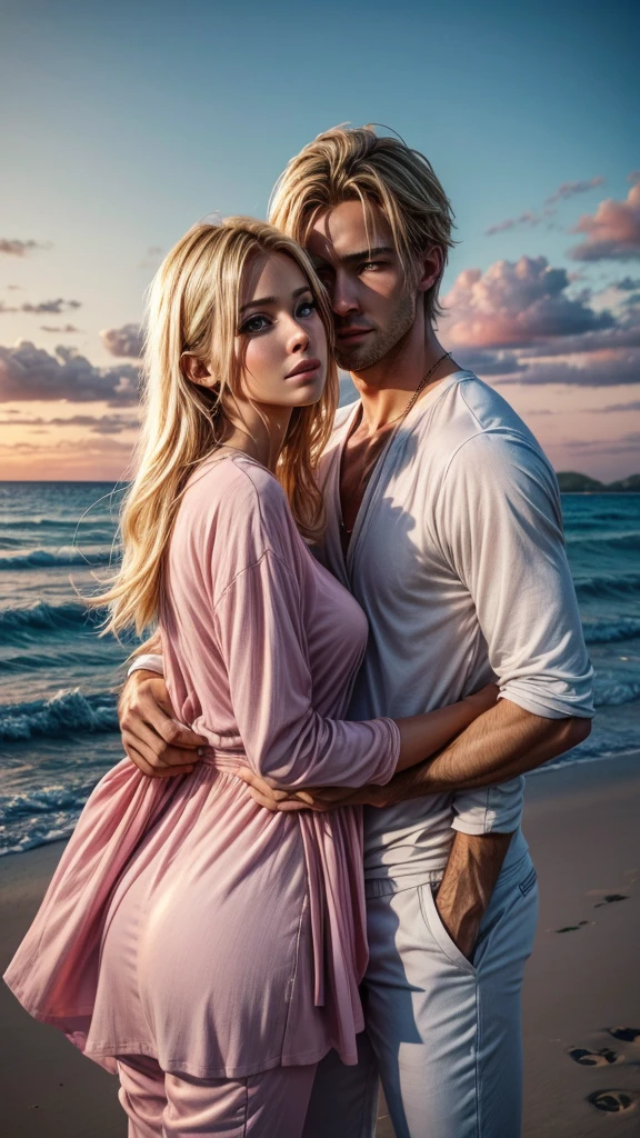 couple looking at each others’s eyes, blonde woman in a pink short dress. Man caressing woman’s face, the man is tall in a wet white t shirt and suit pants. In the background there’s a beach at evening , soft pastel colors in the sky. realistic style