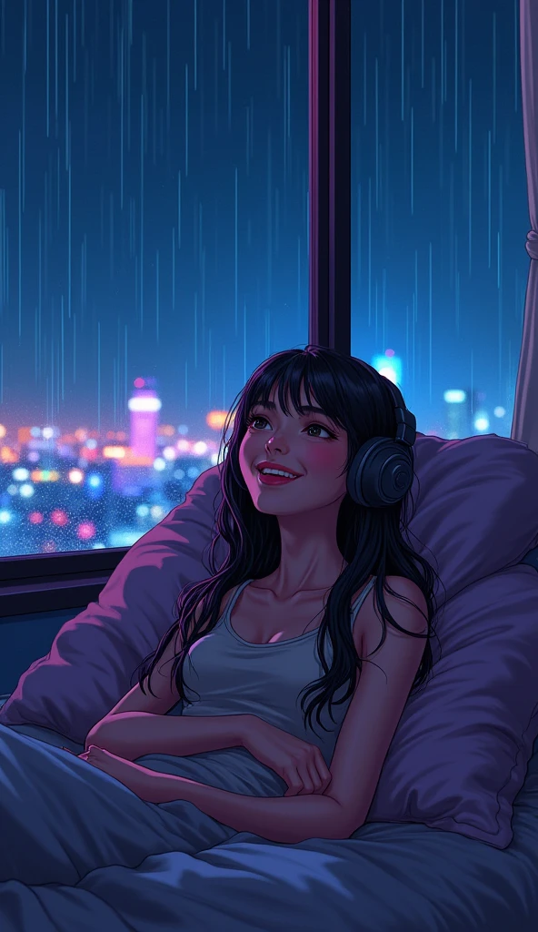 night、Listen to music in a cozy room, Use headphones, 2D Style Anime, Rain outside the window、Analog Color Theme、Ghibli style、neon, naked, completly naked, close, Detailed Background, Chill, Detailed outdoor, Detailed face, City lights, Long Hair, smile、More anime-like、smile、Big Breasts