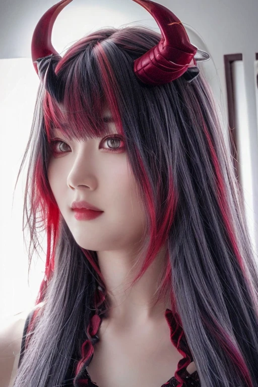 8k, Highest quality, Manga style, View your viewers, Intricate details,One person, Nakiri Ayame, Two demon horns, Multicolored Hair, Long Hair, Red eyes, Gray Hair, from below
