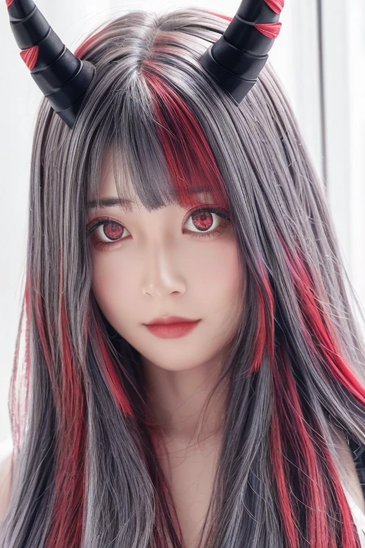 8k, Highest quality, Manga style, View your viewers, Intricate details,One person, Nakiri Ayame, Two demon horns, Multicolored Hair, Long Hair, Red eyes, Gray Hair, from below