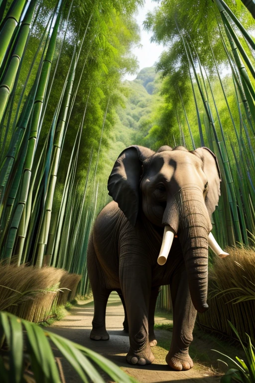 best quality, high quality, ultra quality, 8k, masterpiece, detailed, extremely detailed, insanely detailed, ultra detailed, ultra highres ,exquisite, lifelike Images,cinematic experience,UHD picture,Realistic,photorealistic,hyperrealistic,vivid,RAW photo,shot by DSLR, Giant Bamboo forest, Bamboo trees, elephant prowling in the bamboo forest, bamboo trees, elephant in the bamboo forest,