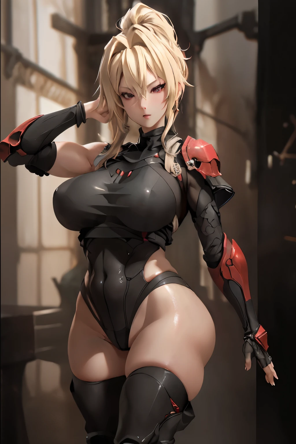 ((best quality)), ((Masterpiece)), (details:1.4), 3d, HDR (high dynamic range), amature woman, Blonde hair, High Ponytail, Red eyes, hips up จมูกโด่ง, ปากแดง, หน้าอกใหญ่, nvidia RTX, PBR surface, After processing, Anisotropic filtration,depth of field, Maximum clarity and clarity, multi-layered surface, Subsurface scattering, perfect proportions, 8K raw files, ความละเอียดสุดยอด, Unreal 5, Perfect proportions, Octane Render, Wide aperture, Low ISO, Berserker, Heavy Red Armor, jewely, ต่างหู