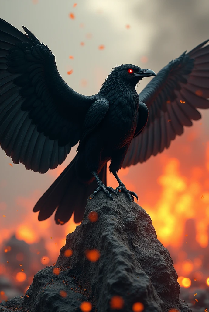 A black crow, with astonishing red eyes and a demon aspect, with intricate black feather wings, that convey a sense of fantasy, blending seamlessly with the detailed pattern of a fantastical environment where the bird looks fearless and wise, with a slightly menacing air, as if ready to take flight amidst a mysterious backdrop. The illustration is in a fantasy video game style that captures the essence of a war battle ground, with fire around that brings out the darker colors of the bird's feathers and the surrounding environment, providing a visually stunning and hyperdetailed composition that exudes an air of artistry and natural splendor