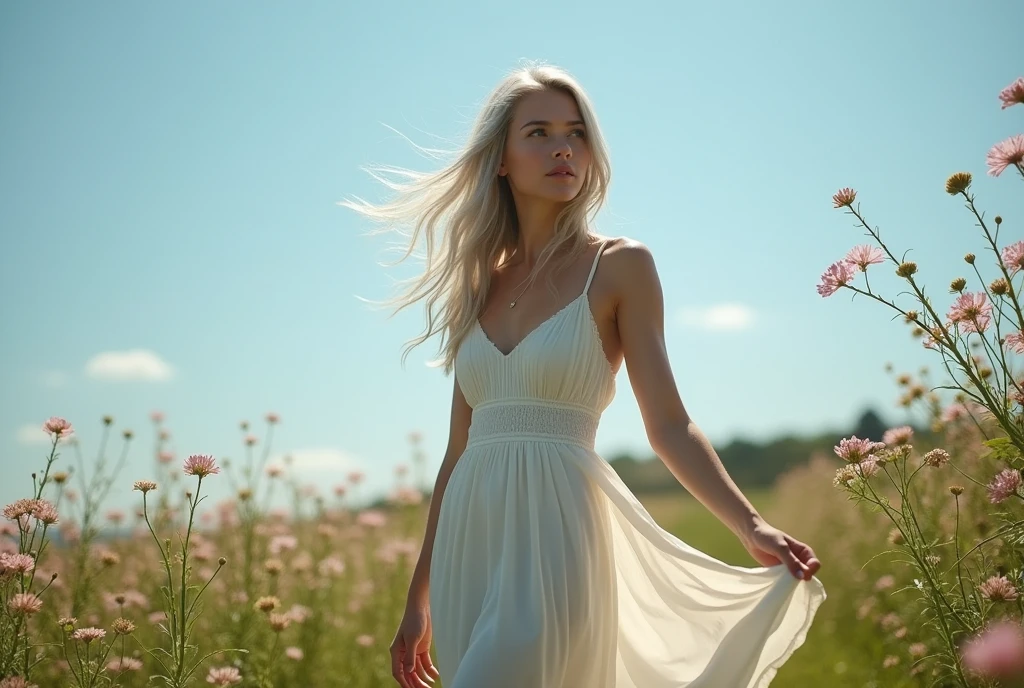 Silver haired woman in dress, 1woman, solo, sundress, photorealistic, realism, realistic, human
