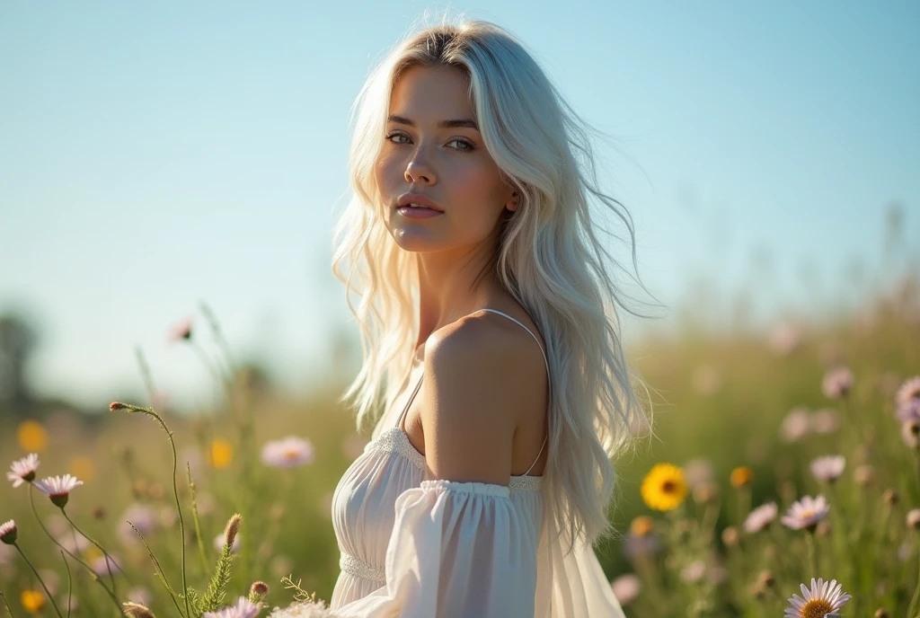 Silver haired woman in dress, 1woman, solo, sundress, photorealistic, realism, realistic, human