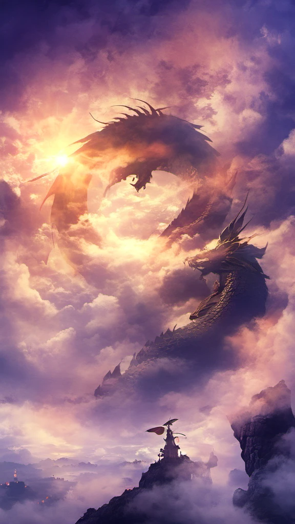 (cloud, fog, Mysteriously glowing, Oriental dragon shape), fly in the sky,  Fantasy art, A giant dragon's fog, (night:1.4)