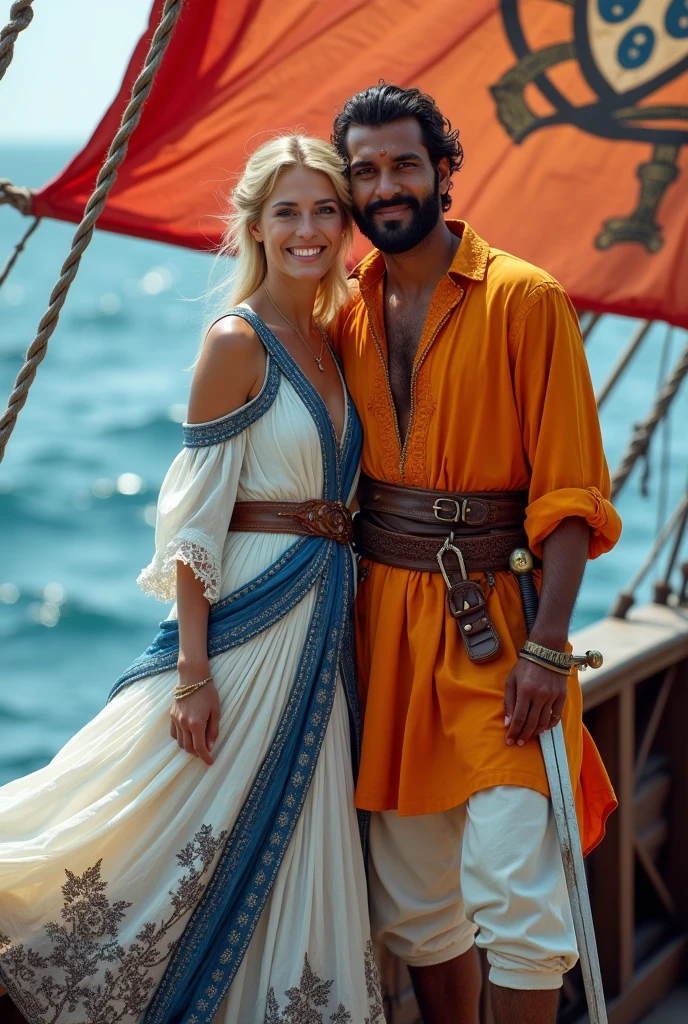 A pirate couple is standing on the deck of a ship, consisting of a blonde skinned Portuguese queen wearing a white and bhue dress and an Indian man wearing an orange kurta and white pajamas holding a sword, with an ancient Portuguese flag in the background. The man and the queen are smiling and looking at the viewer, and the ship is far away, and at sea. It is a time of ancient times 16th century
